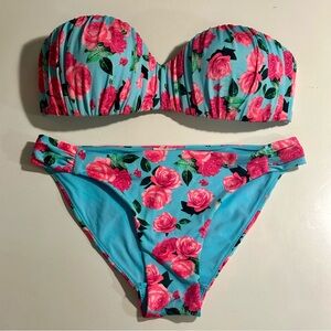 H&M Turquoise Bandeau Bikini with Pink Floral Accents